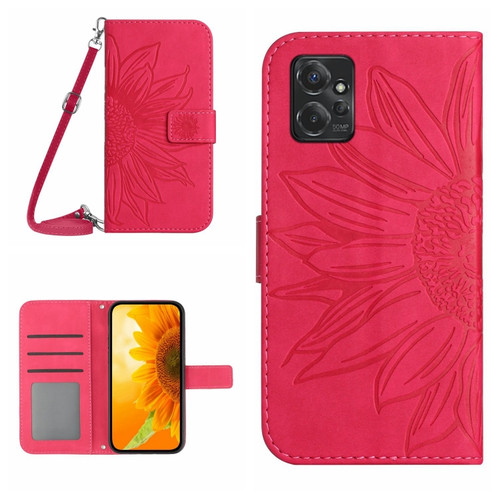 Moto G Power 2023 HT04 Skin Feel Sun Flower Embossed Flip Leather Phone Case with Lanyard - Rose Red