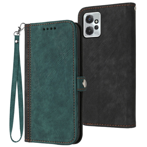 Moto G Power 2023 Side Buckle Double Fold Hand Strap Leather Phone Case - Dark Green