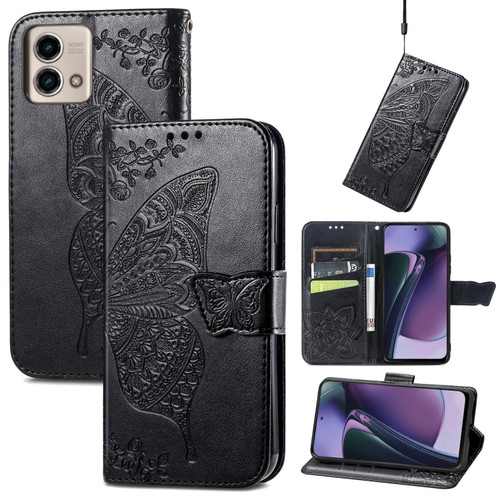 Moto G Stylus 5G 2023 Butterfly Love Flower Embossed Leather Phone Case - Black