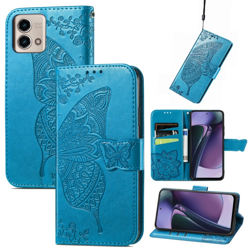 Moto G Stylus 5G 2023 Butterfly Love Flower Embossed Leather Phone Case - Blue