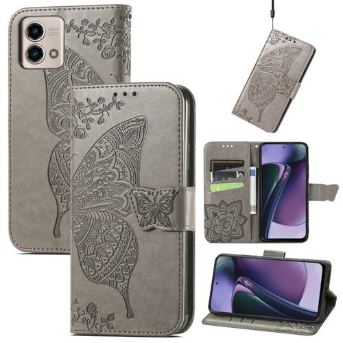 Moto G Stylus 5G 2023 Butterfly Love Flower Embossed Leather Phone Case - Gray