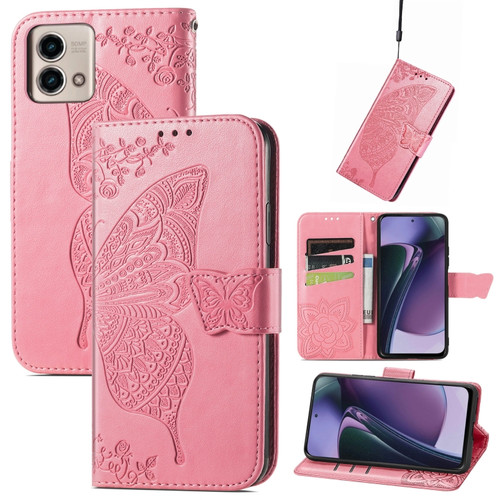 Moto G Stylus 5G 2023 Butterfly Love Flower Embossed Leather Phone Case - Pink