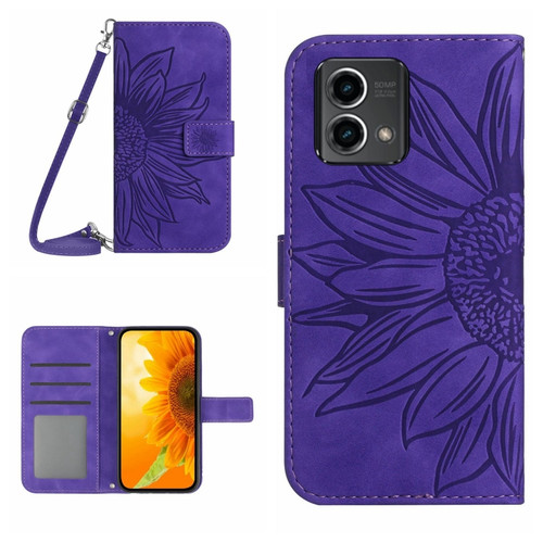 Moto G Stylus 5G 2023 HT04 Skin Feel Sun Flower Embossed Flip Leather Phone Case with Lanyard - Dark Purple