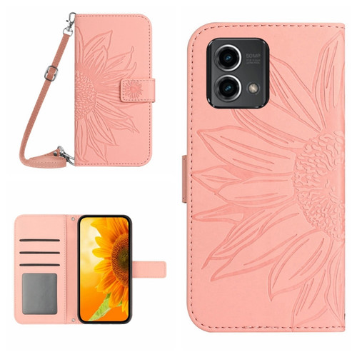 Moto G Stylus 5G 2023 HT04 Skin Feel Sun Flower Embossed Flip Leather Phone Case with Lanyard - Pink