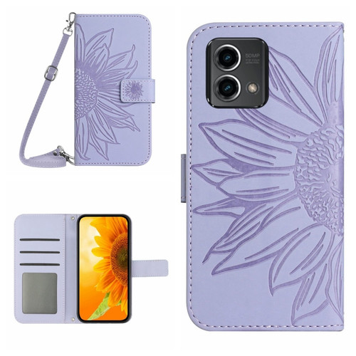 Moto G Stylus 5G 2023 HT04 Skin Feel Sun Flower Embossed Flip Leather Phone Case with Lanyard - Purple