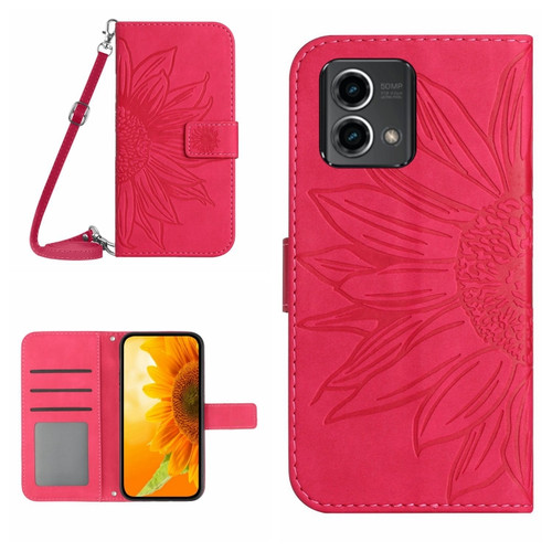 Moto G Stylus 5G 2023 HT04 Skin Feel Sun Flower Embossed Flip Leather Phone Case with Lanyard - Rose Red