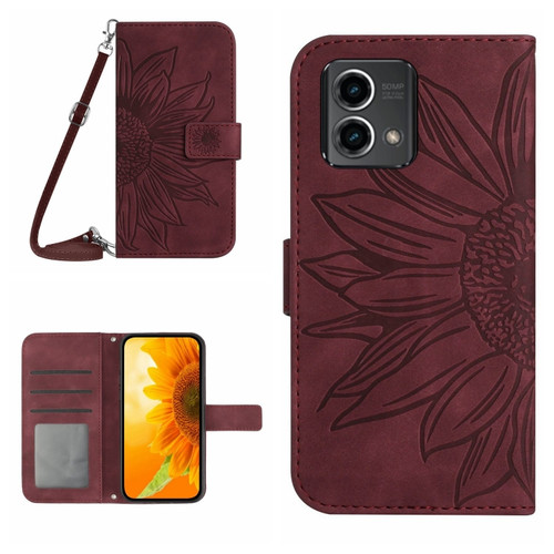 Moto G Stylus 5G 2023 HT04 Skin Feel Sun Flower Embossed Flip Leather Phone Case with Lanyard - Wine Red