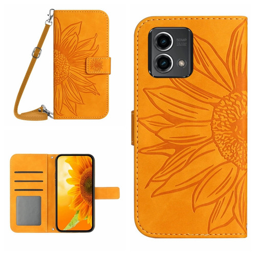 Moto G Stylus 5G 2023 HT04 Skin Feel Sun Flower Embossed Flip Leather Phone Case with Lanyard - Yellow