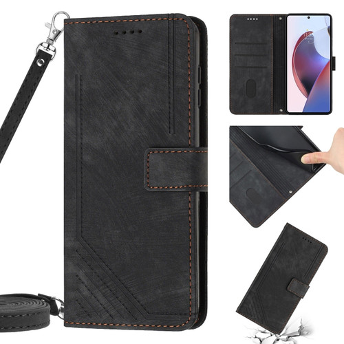 Moto G Stylus 5G 2023 Skin Feel Stripe Pattern Leather Phone Case with Lanyard - Black