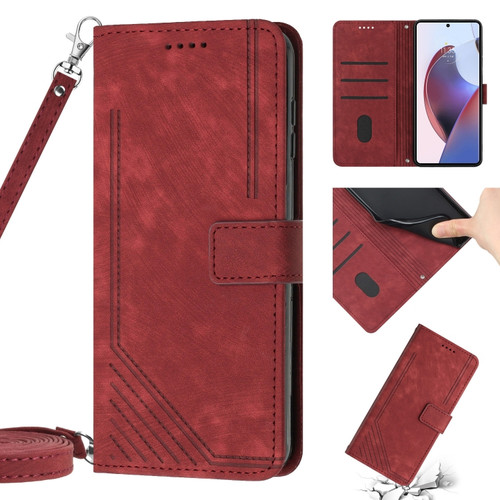 Moto G Stylus 5G 2023 Skin Feel Stripe Pattern Leather Phone Case with Lanyard - Red
