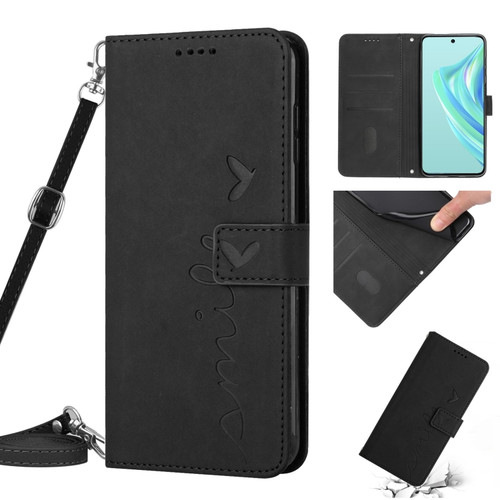 Moto X40/X40 Pro/Edge+ 2023 Skin Feel Heart Pattern Leather Phone Case with Lanyard - Black