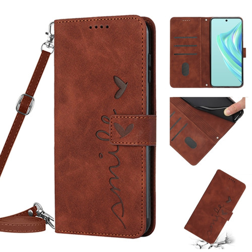 Moto X40/X40 Pro/Edge+ 2023 Skin Feel Heart Pattern Leather Phone Case with Lanyard - Brown