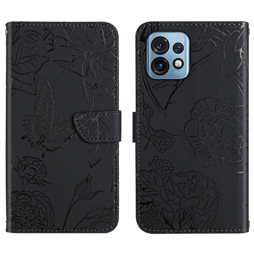 Motorola Edge+ 2023 HT03 Skin Feel Butterfly Embossed Flip Leather Phone Case - Black