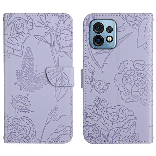 Motorola Edge+ 2023 HT03 Skin Feel Butterfly Embossed Flip Leather Phone Case - Purple