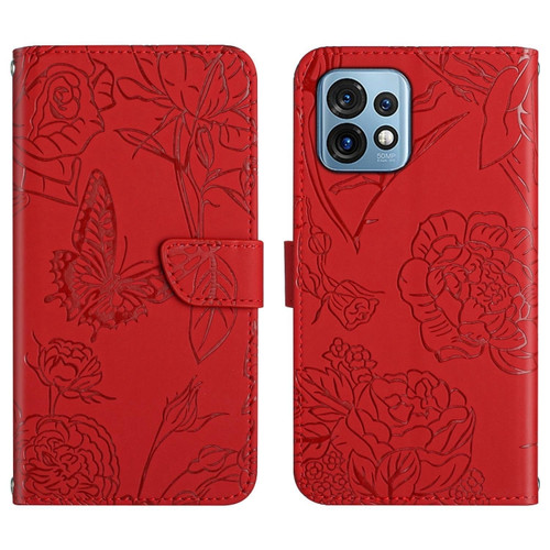 Motorola Edge+ 2023 HT03 Skin Feel Butterfly Embossed Flip Leather Phone Case - Red