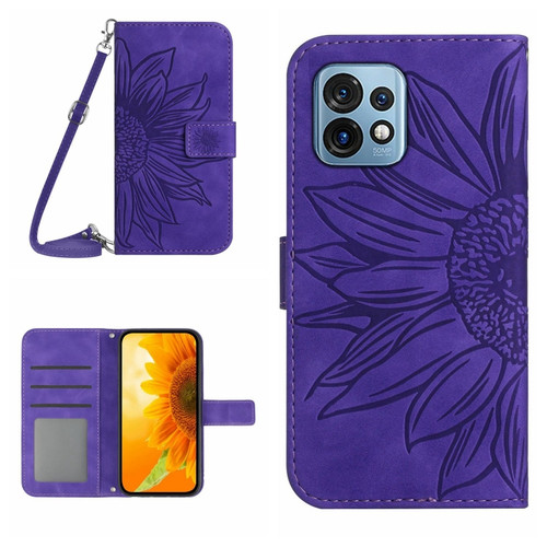 Motorola Edge+ 2023 HT04 Skin Feel Sun Flower Embossed Flip Leather Phone Case with Lanyard - Dark Purple