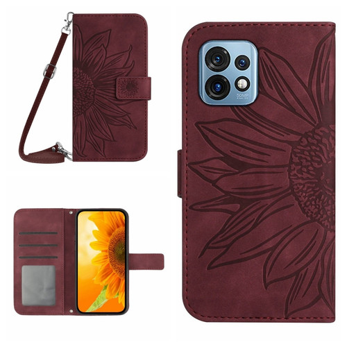 Motorola Edge+ 2023 HT04 Skin Feel Sun Flower Embossed Flip Leather Phone Case with Lanyard - Wine Red