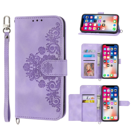 Samsung Galaxy A22e / A23e / A23s / A23 5G JP Skin-feel Flowers Embossed Wallet Leather Phone Case - Purple