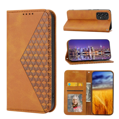 Samsung Galaxy A23 4G/5G/M13 4G/F23/M23 5G Cubic Grid Calf Texture Magnetic Closure Leather Phone Case - Yellow