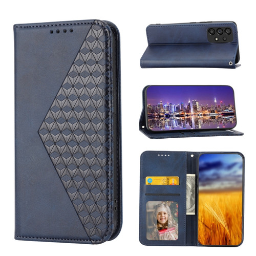 Samsung Galaxy A23 4G/5G/M13 4G/F23/M23 5G Cubic Grid Calf Texture Magnetic Closure Leather Phone Case - Blue