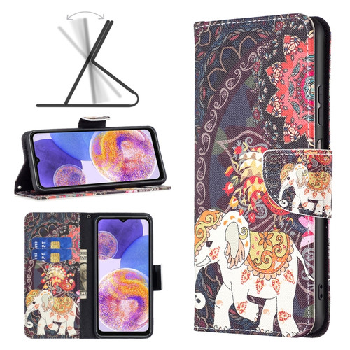 Samsung Galaxy A23 5G Colored Drawing Pattern Flip Leather Phone Case - Flowers Elephant