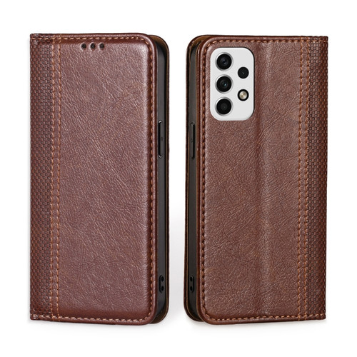 Samsung Galaxy A23 5G Grid Texture Magnetic Flip Leather Phone Case - Brown