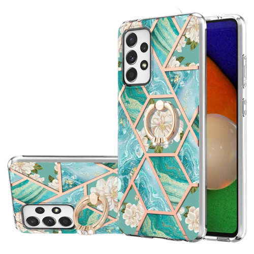 Samsung Galaxy A23 5G / 4G Splicing Marble Flower Pattern TPU Ring Holder Case - Blue Flower