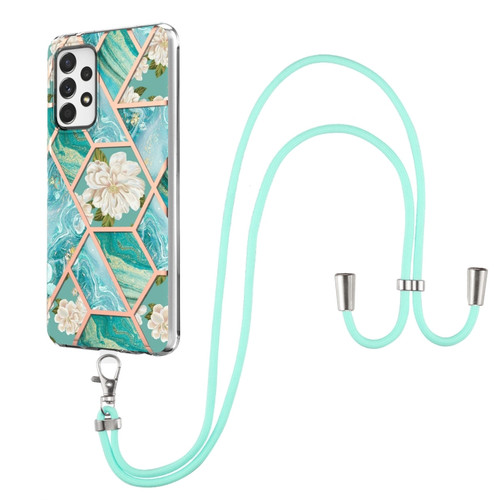 Samsung Galaxy A23 5G / 4G Splicing Marble Flower Pattern TPU Phone Case with Lanyard - Blue Flower