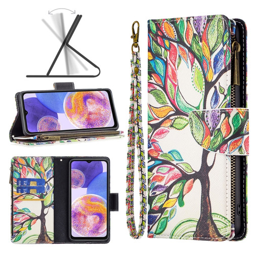 Samsung Galaxy A23 5G Colored Drawing Pattern Zipper Leather Phone Case - Big Tree