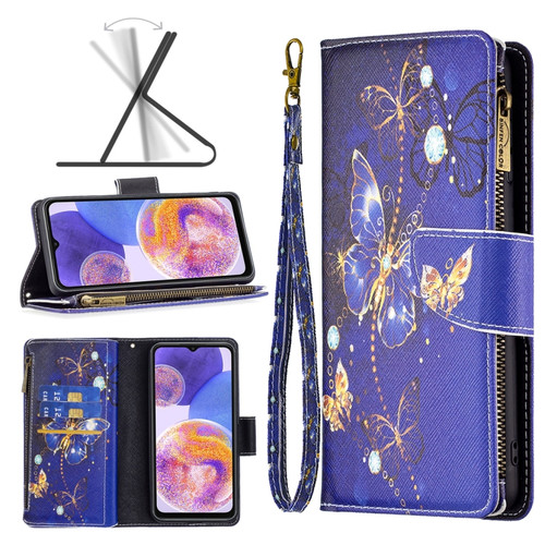Samsung Galaxy A23 5G Colored Drawing Pattern Zipper Leather Phone Case - Purple Butterfly