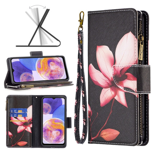 Samsung Galaxy A23 5G Colored Drawing Pattern Zipper Leather Phone Case - Lotus