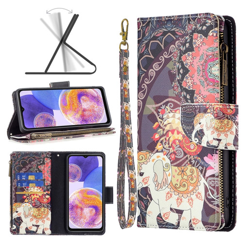 Samsung Galaxy A23 5G Colored Drawing Pattern Zipper Leather Phone Case - Flower Elephants