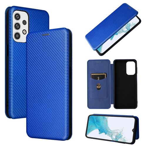 Samsung Galaxy A23 5G Carbon Fiber Texture Horizontal Flip PU Phone Case - Blue