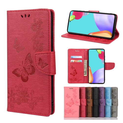 Samsung Galaxy A23 5G Butterfly Embossed Horizontal Flip Leather Phone Case with Card Slot & Holder - Red