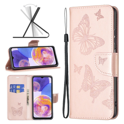 Samsung Galaxy A23 5G Two Butterflies Embossing Leather Phone Case - Rose Gold