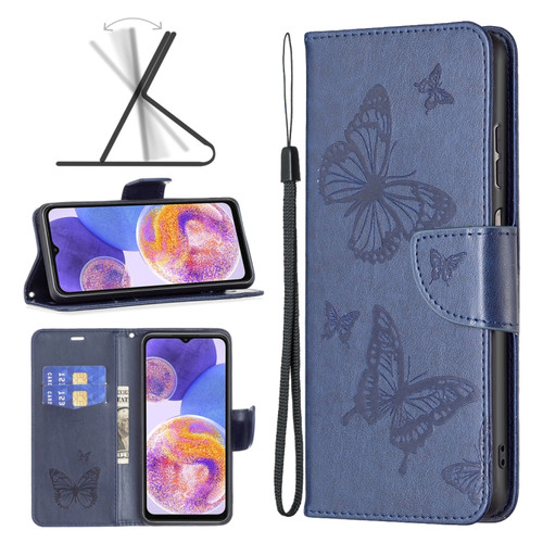 Samsung Galaxy A23 5G Two Butterflies Embossing Leather Phone Case - Blue