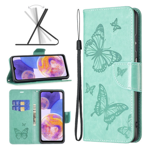 Samsung Galaxy A23 5G Two Butterflies Embossing Leather Phone Case - Green