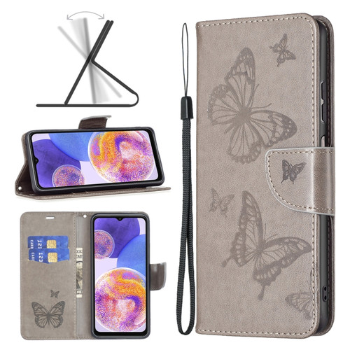 Samsung Galaxy A23 5G Two Butterflies Embossing Leather Phone Case - Grey