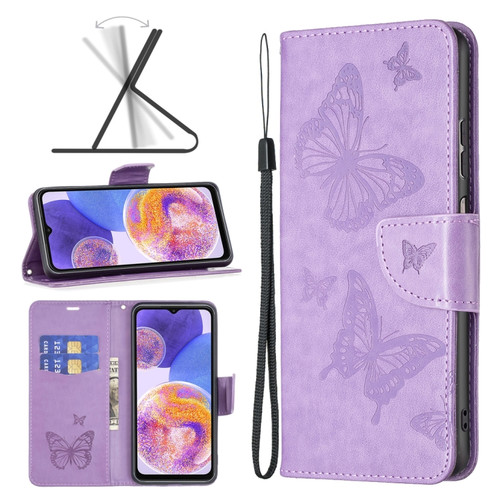 Samsung Galaxy A23 5G Two Butterflies Embossing Leather Phone Case - Purple