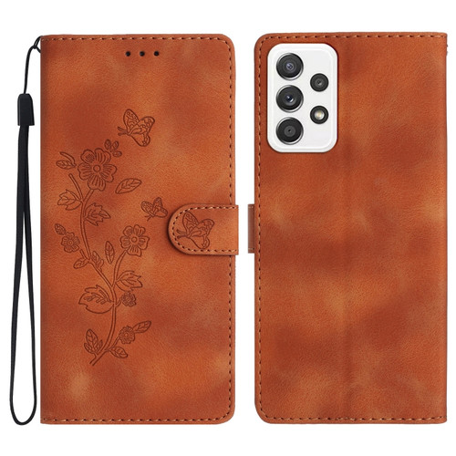 Samsung Galaxy A23 5G Flower Butterfly Embossing Pattern Leather Phone Case - Brown