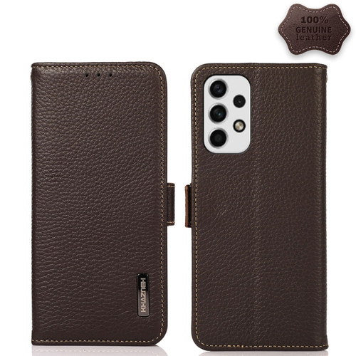 Samsung Galaxy A23 5G KHAZNEH Side-Magnetic Litchi Genuine Leather RFID Phone Case - Brown