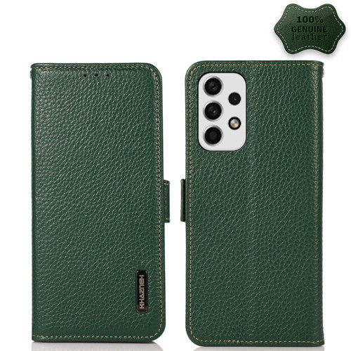 Samsung Galaxy A23 5G KHAZNEH Side-Magnetic Litchi Genuine Leather RFID Phone Case - Green