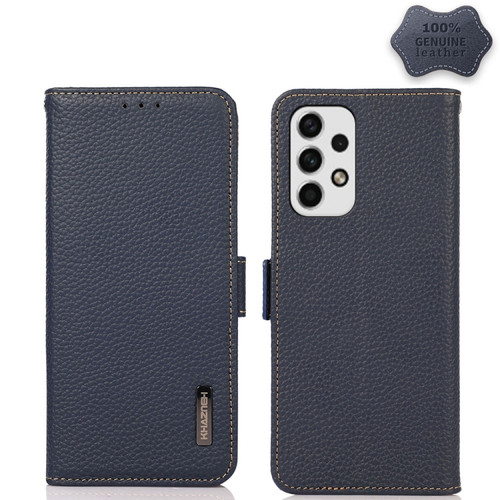 Samsung Galaxy A23 5G KHAZNEH Side-Magnetic Litchi Genuine Leather RFID Phone Case - Blue