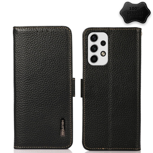 Samsung Galaxy A23 5G KHAZNEH Side-Magnetic Litchi Genuine Leather RFID Phone Case - Black