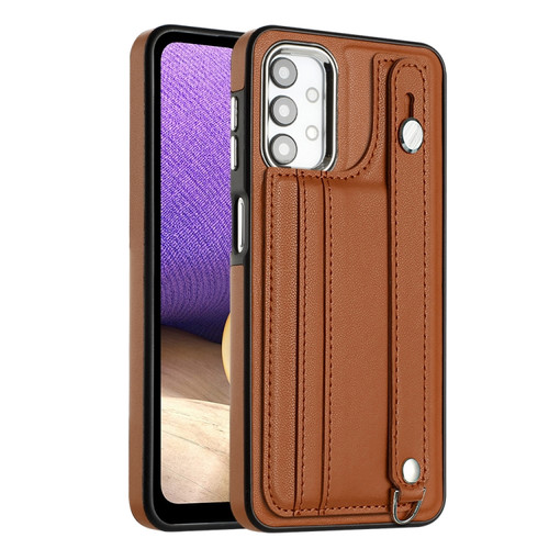 Samsung Galaxy A23 4G / F23 5G / M23 5G Shockproof Leather Phone Case with Wrist Strap - Brown