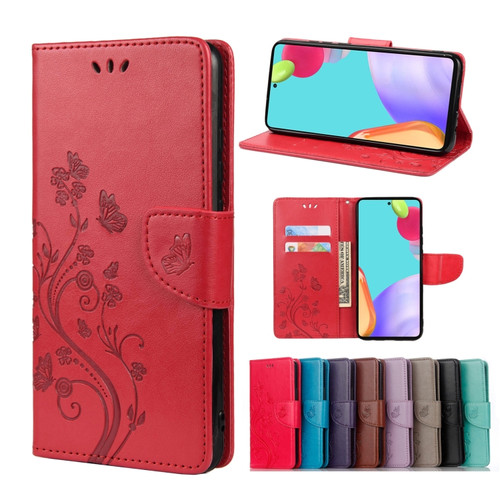 Samsung Galaxy A23 5G Butterfly Flower Pattern Flip Leather Phone Case - Red