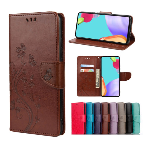 Samsung Galaxy A23 5G Butterfly Flower Pattern Flip Leather Phone Case - Brown