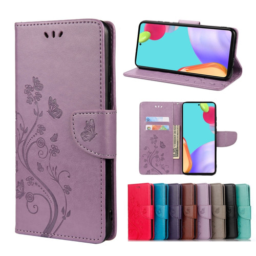 Samsung Galaxy A23 5G Butterfly Flower Pattern Flip Leather Phone Case - Light Purple