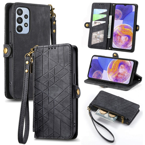 Samsung Galaxy A23 5G Geometric Zipper Wallet Side Buckle Leather Phone Case - Black