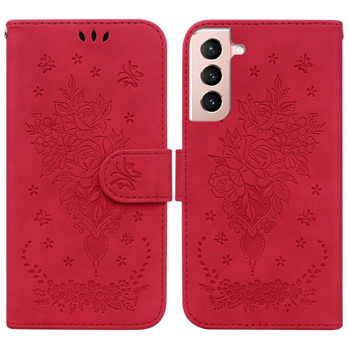 Samsung Galaxy S22 5G Butterfly Rose Embossed Leather Phone Case - Red